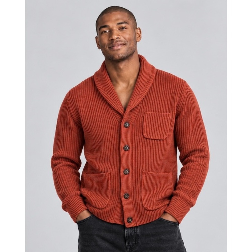 Banana Republic Mens Rust Orange Organic Cotton Ribbed Shawl Collar Cardigan S